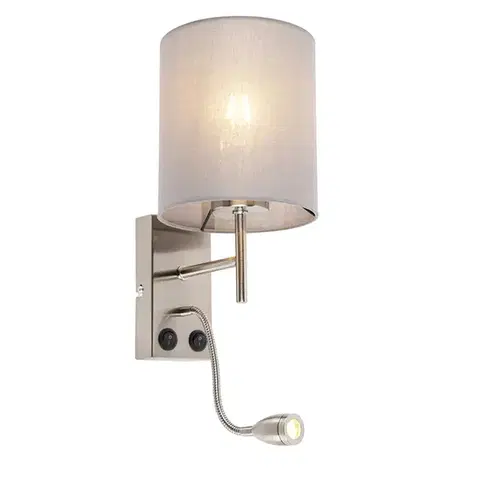 Lampy Moderná nástenná lampa oceľ s sivým bavlneným tienidlom - Stacca