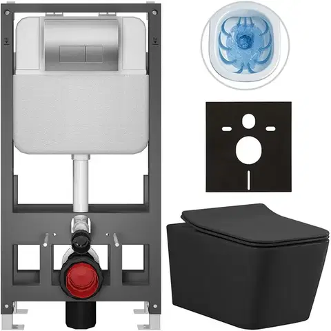 Záchody CERANO - Kompletný WC set Basic/Forte - čierna matná - WC tlačidlo Modulo/Strieborná - voľne stojaca - predstenová inštalácia - 51x36 CER-8050BD86417