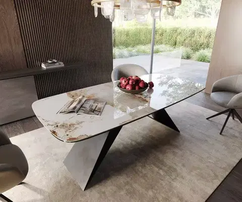 Jedálenské stoly DELIFE Jedálenský stôl Edge Boot 200x100 keramika Minas Melange bielo-béžová podstava v tvare V plochá oceľ čierna