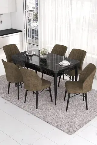 Jedálenské sety Extendable Dining Table & Chairs Set (7 Pieces) Eva - Black Marble, Brown