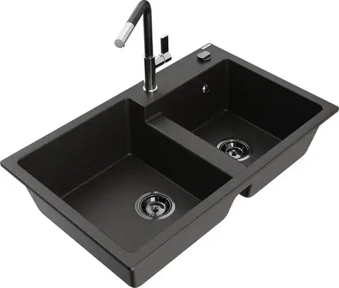 Kuchynské drezy MEXEN/S MEXEN/S - Tomas granitový drez 2-bowl vrátane batérie Flora, čierna/zlatá metalik 6516-75-670401-07-B