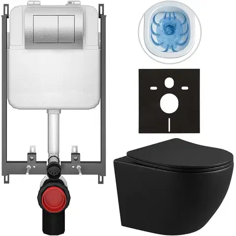 Záchody CERANO - Kompletný WC set Basic/Cesso - čierna matná - WC tlačidlo Maxio/Strieborná - na zamurovanie - 49x36 CER-8050BD86356