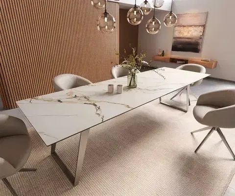 Jedálenské stoly DELIFE Jedálenský stôl Edge 300x100 keramika Calacatta Luxe bielo-zlato-šedá nerezová oceľ skosený