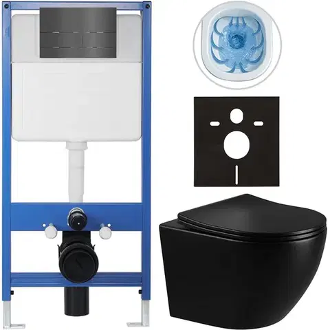 Záchody CERANO - Kompletný WC set Profi/Cesso - čierna lesklá - WC tlačidlo Line/Tmavosivá - predstenová inštalácia - 49x36 CER-8050BD84275