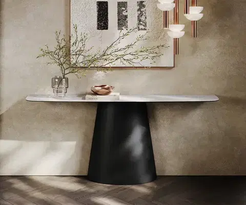 Konzolové stolíky DELIFE Konzolový stolík Edge zaoblený 180×40 cm keramika Laminam® Statuarietto biela Conos kov čierna