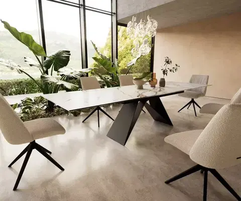 Jedálenské stoly DELIFE Jedálenský stôl Edge 200-300x100 keramika Calacatta Luxe bielo-zlato-šedá podstava v tvare V plochá oceľ čierna rozkladací