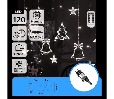 LED osvetlenie  B.V.  - LED vonkajší vianočný svetelný reťazec 120xLED/6W/230V/8 funkcií 3x0,6m IP44 studená biela s diaľkovým ovládaním B10303S6Y