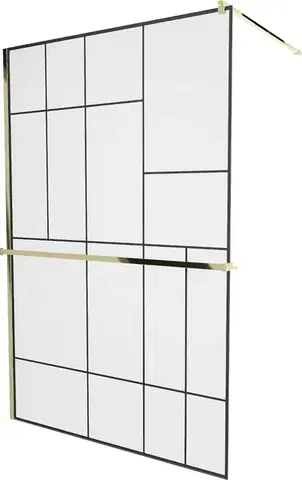 Sprchové dvere MEXEN/S - KIOTO Sprchová zástena WALK-IN s poličkou a držiakom uterákov 80 x 200, transparent/čierna 8 mm, zlatá 800-080-121-50-78