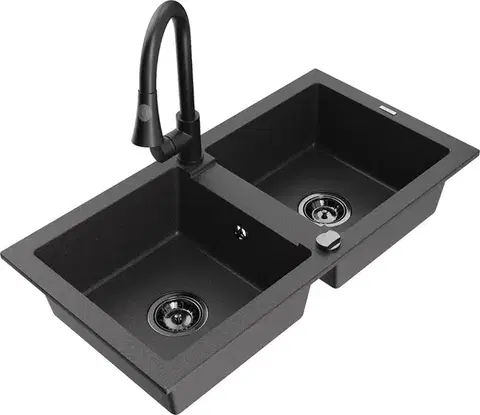 Kuchynské drezy MEXEN/S MEXEN/S - Mario granitový drez 2-bowl vrátane batérie Elia, čierna kropenatá 6504-76-670101-70-B
