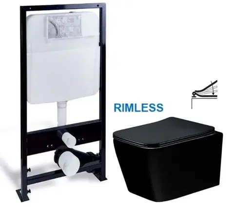 Závesné wc sety PRIM predstenový inštalačný systém bez tlačidla + WC MEXEN TEO ČERNÁ Rimless + SEDADLO PRIM_20/0026 X ME02