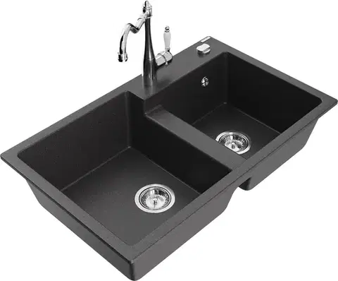 Kuchynské drezy MEXEN/S MEXEN/S - Tomas granitový drez 2-bowl vrátane batérie Carla, čierna kropenatá 6516-76-670700-00