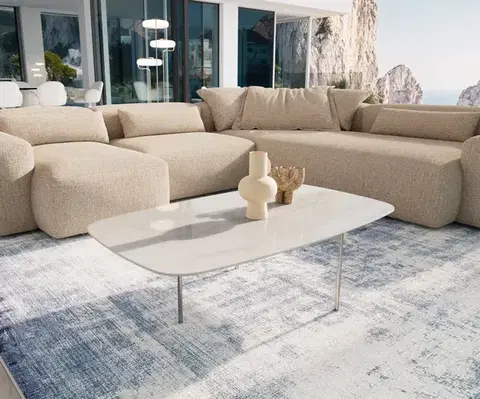 Konferenčné stolíky DELIFE Konferenčný stolík Edge zaoblený 120×70 cm keramika onyx šampanské Trive nerezová oceľ kefovaná
