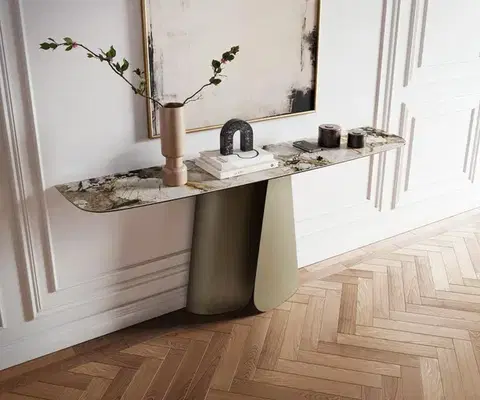 Konzolové stolíky DELIFE Konzolový stolík Edge zaoblený tvar 180×40 cm keramika Patagonia leštená Livos kov titánová farba