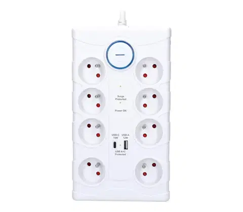 Predlžovacie káble  PO80 - Predlžovací kábel s vypínačom, 8 zásuviek Typ E + 1x USB-A + 1x USB-C, 2m, biela PO80