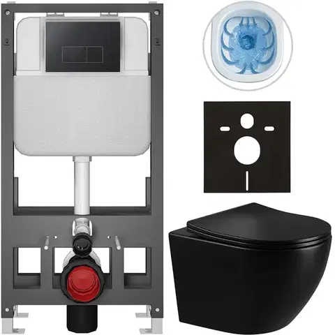 Záchody CERANO - Kompletný WC set Basic/Cesso - čierna lesklá - WC tlačidlo Modulo/Čierna - voľne stojaca - predstenová inštalácia - 49x36 CER-8050BD86322