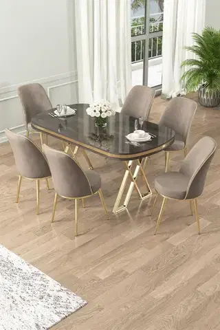 Jedálenské sety Dining Table & Chairs Set (7 Pieces) Lai - Anthracite, Gold, Cappuccino