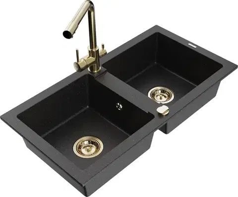 Kuchynské drezy MEXEN/S MEXEN/S - Mario granitový drez 2-bowl vrátane batérie Duero, čierna/strieborná metalík 6504-73-671600-50