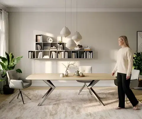 Jedálenské stoly DELIFE Jedálenský stôl Edge zaoblený 260×120 cm keramika Laminam® sabbia dubová farba Zenthara hranatý nerezová oceľ