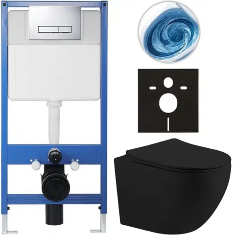 Záchody CERANO - Kompletný podomietkový WC set Lite/Cesso - čierna matná - WC tlačidlo Slim, chróm - predstenová inštalácia / sadrokartón - 49x36 CER-8050BD113