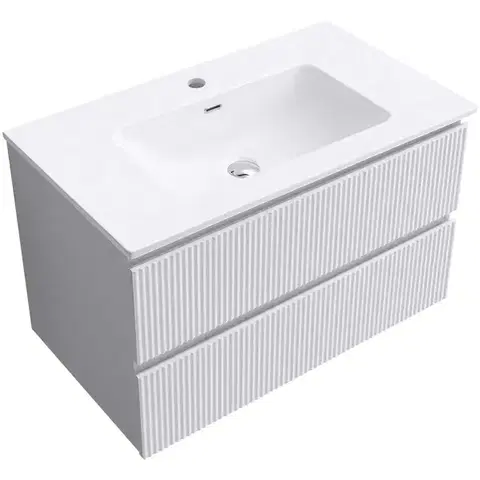 Kúpeľňový nábytok CERANO - Kúpeľňová skrinka Carole - biela matná ryhovaná + keramické umývadlo Novo - biela lesklá - 81x49,5x46,5 CER-778947