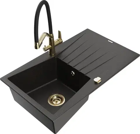 Kuchynské drezy MEXEN/S MEXEN/S - Cesar granitový drez s odkvapkávačom vrátane batérie Duo, čierna/zlatá metalik 6514-75-671701-57-G