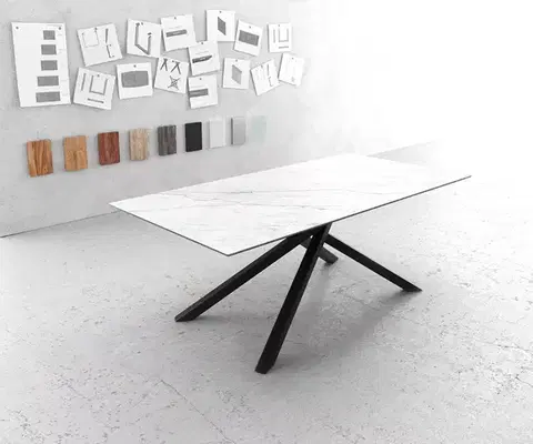 Jedálenské stoly DELIFE Jedálenský stôl Edge 200x100 cm keramika Laminam® Statuarietto biela stredová podstava kríž čierna