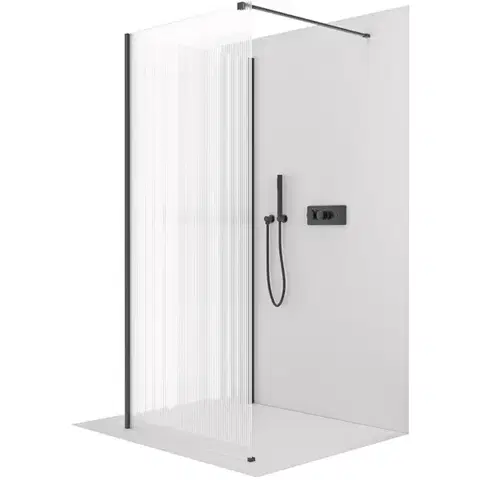 Sprchovacie kúty CERANO - Sprchová zástěna Walk-in Onyx Corner Cube L/P - 8 mm - hranatá vzpěra - černá matná, rýhované sklo - 80x80x200  CER-8050BD7407