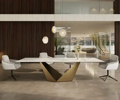 Jedálenské stoly DELIFE Jedálenský stôl Edge 300x100 keramika Calacatta Luxe bielo-zlato-šedá Prisma metalická zlatá