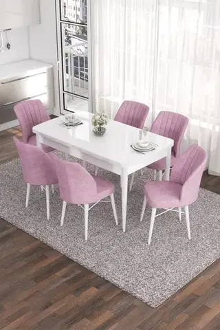 Jedálenské sety Extendable Dining Table & Chairs Set (7 Pieces) Eva - White, Pink