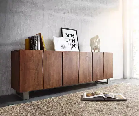 Komody DELIFE Komoda Live-Edge 220 cm akácia hnedá masív 6 dvierka