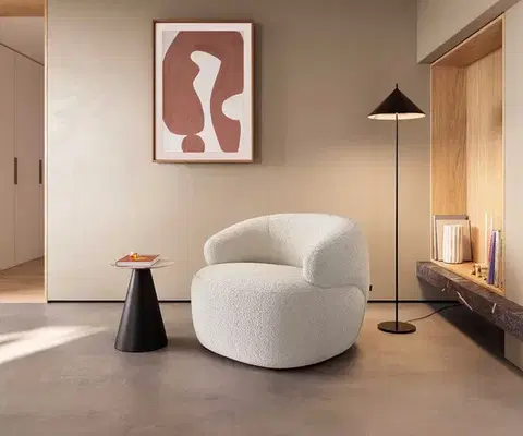 Lounge kreslá DELIFE Lounge kreslo Nova 88x88 cm bouclé bielo-krémová