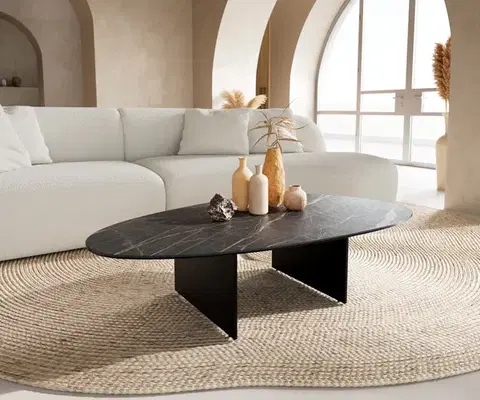 Konferenčné stolíky DELIFE Konferenčný stolík Edge oválny 140×75 cm keramika Laminam® Noir Desir hnedá Salto kov čierna