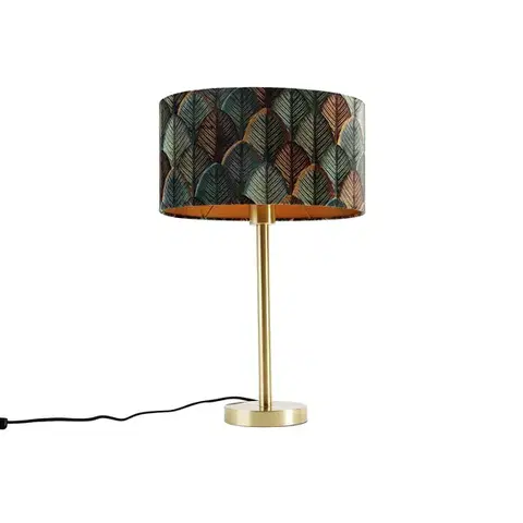 Stolné lampy Stolná lampa mosadzná s oválnym zamatovým tienidlom s motívom listov 35 cm - Simplo