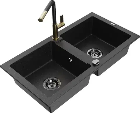 Kuchynské drezy MEXEN/S MEXEN/S - Mario granitový drez 2-bowl vrátane batérie Flora, čierna/strieborná metalík 6504-73-670401-57-B
