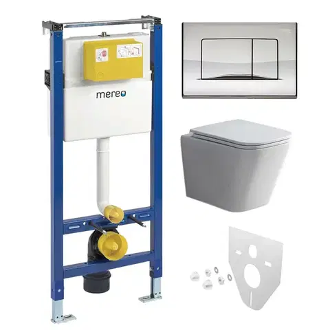 Záchody Mereo WC set - Smart flush rimless WC hranaté, modul pre sadrokartón, chróm hranaté tlačidlo lesklé MM02NSETRT322