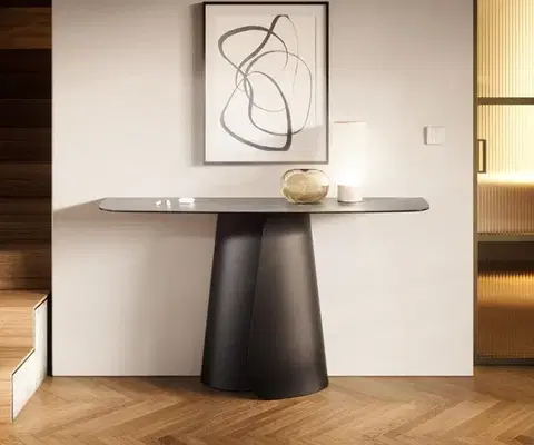 Konzolové stolíky DELIFE Konzolový stolík Edge zaoblený 140×40 cm keramika betón sivá Livos kov čierna