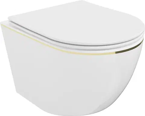 Záchody MEXEN - Lena Závesná WC misa vrátane sedátka s slow-slim, duroplast, biela/zlatá linka 30224005