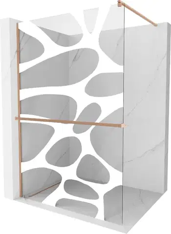 Sprchové dvere MEXEN/S - Kioto+ Sprchová zástena WALK-IN s poličkou a držiakom uterákov 80 x 200, biely vzor, meď kartáčovaná 800-080-121-65-97