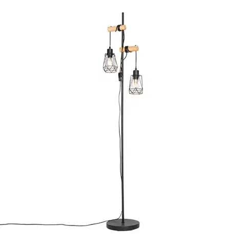 Stojace lampy Rustikálna stojaca lampa čierna s drevom 2-svetlo s tienidlom - Dami Frame
