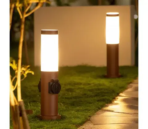 Predlžovacie káble BRILAGI - Vonkajšia lampa s 2 zásuvkami SCHUKO NOVA 1xE27/15W/230V 40 cm IP44 hnedá FG-KH142PSH-40-2SO-RUST