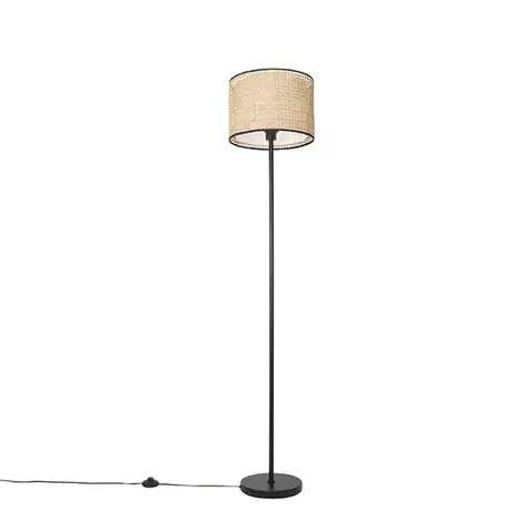 Stojace lampy Rustikálna stojaca lampa čierna s ratanovým tienidlom - Kata