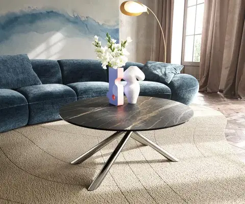 Konferenčné stolíky DELIFE Konferenčný stolík Edge okrúhly 90x90 cm keramika Laminam® Noir Desir hnedá Sarity nerezová oceľ kefovaná