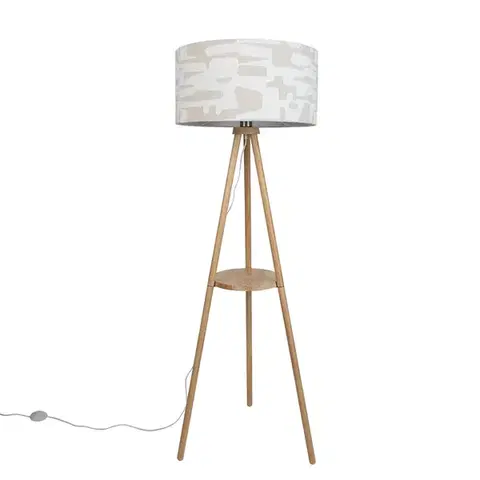Stojace lampy Drevená stojacia lampa s trojnožkou s bielym a béžovým pruhovaným tienidlom 50 cm - Lou