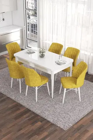Jedálenské sety Extendable Dining Table & Chairs Set (7 Pieces) Eva - White, Mustard