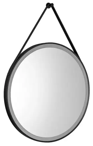 Kúpeľňové zrkadlá AQUALINE - STAGO guľaté zrkadlo s LED osvetlením priemer 60cm, kožený popruh, dotykový senzor, stmievateľné, čierna mat SG060