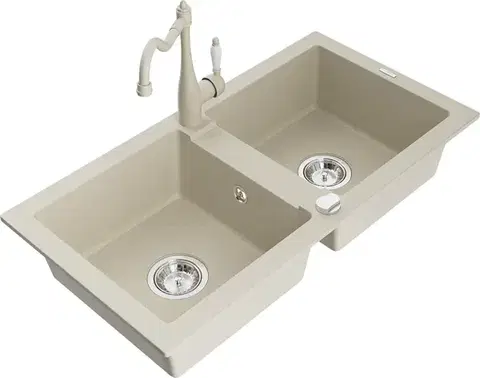 Kuchynské drezy MEXEN/S MEXEN/S - Mario granitový drez 2-bowl vrátane batérie Carla, béžová 6504-69-670700-69