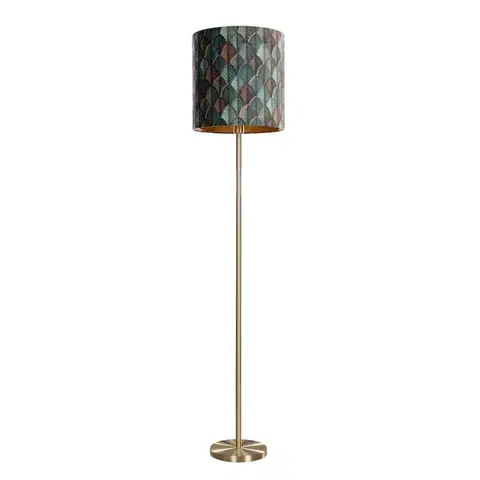 Stojace lampy Stojacia lampa mosadz s velúrovým tienidlom s dizajnom listov a zlatým vnútorným povrchom - Simplo
