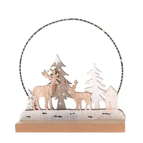 Vianočné dekorácie Drevená vianočná dekorácia s LED svetlom Deer forest, 16 x 16 x 6 cm