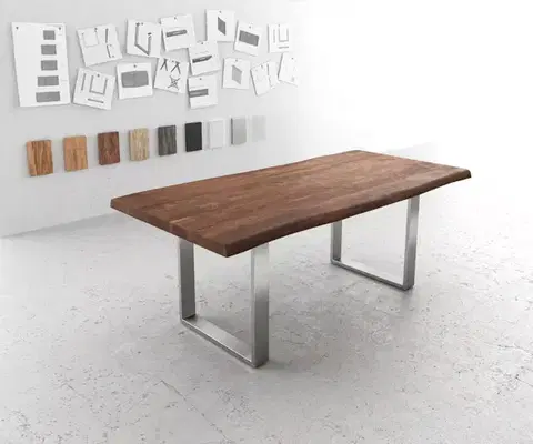 Jedálenské stoly DELIFE Jedálenský stôl Edge 200x100 XL akácia hnedá nerezová oceľ úzky Live-Edge