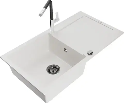 Kuchynské drezy MEXEN/S MEXEN/S - Leo granitový drez 1 s odkvapkávačom vrátane batérie Flora, biela 6501-20-670401-07-B